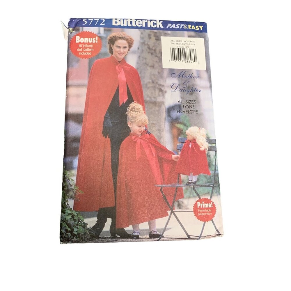 Butterick 5772 Cape Pattern All Sizes Includes Doll Cape 1998 uncut